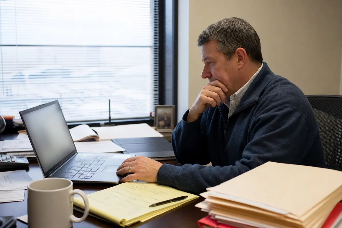 A US accountant comparing practice management software options on a laptop at a desk.