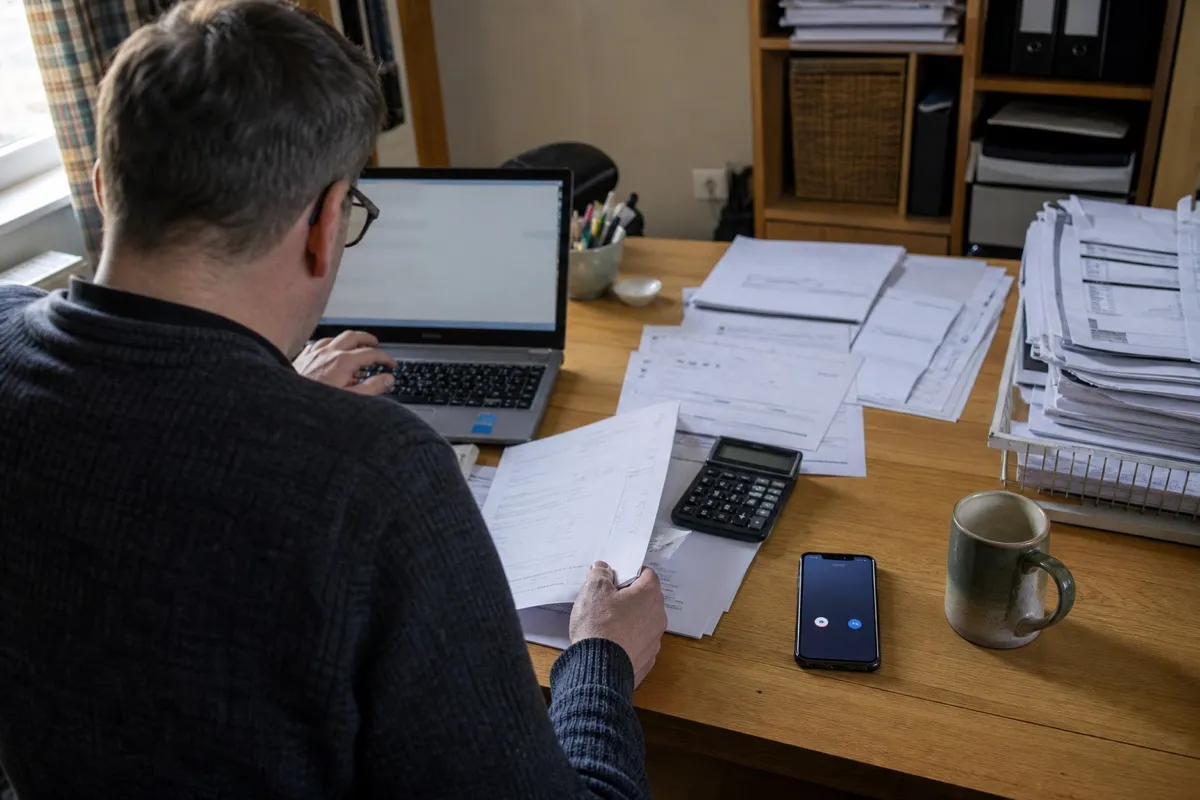 An accountant working through paperwork at a cluttered desk while a mobile phone rings unanswered beside the keyboard.
