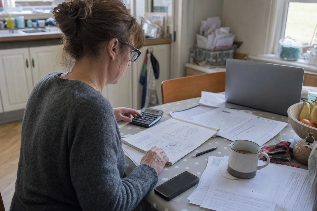 A home care agency owner working out startup costs at a kitchen table with a calculator, handwritten figures and a laptop