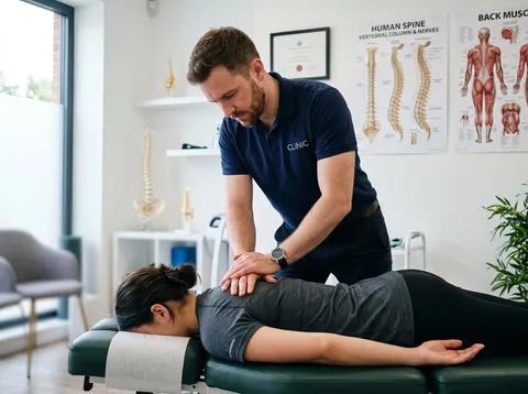 A chiropractor at the front desk of a small clinic reviewing a marketing budget on a laptop while the phone sits beside it
