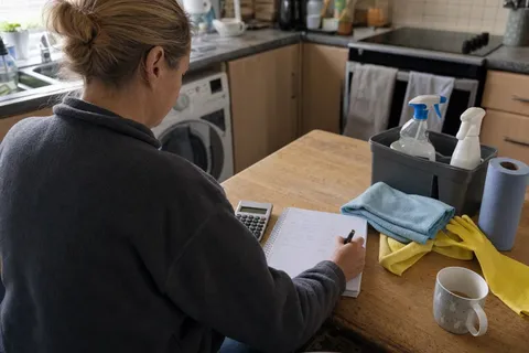 A self-employed cleaner sits at a kitchen table working out what to charge for a cleaning job, jotting figures in a notebook beside a calculator and a caddy of spray bottles and cloths.