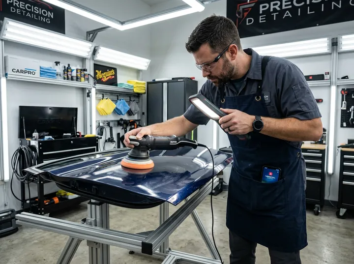 Auto detailer doing paint correction while AI handles incoming calls