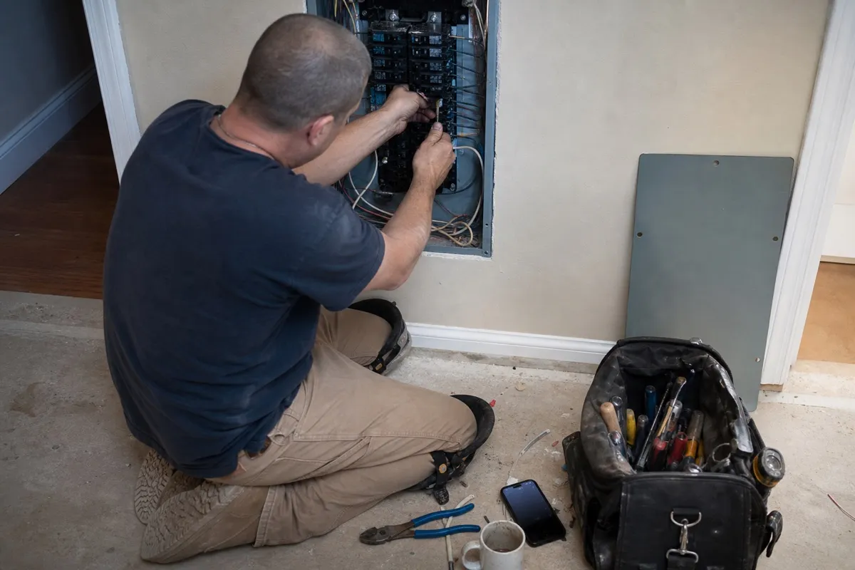 An electrician crouched at a domestic consumer unit with both hands on the wiring while a mobile phone lights up unanswered on the floor beside the toolbag