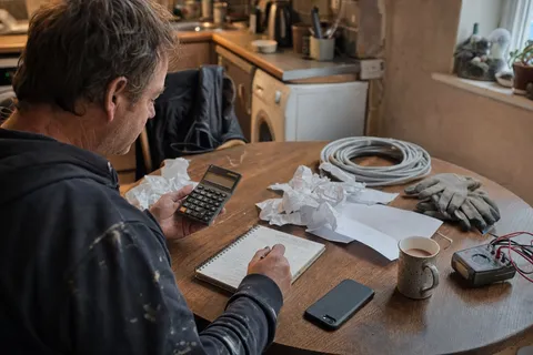 A self-employed electrician sitting at a kitchen table in the evening working out their day rate on a notepad with a calculator, paper receipts and work gloves beside them.