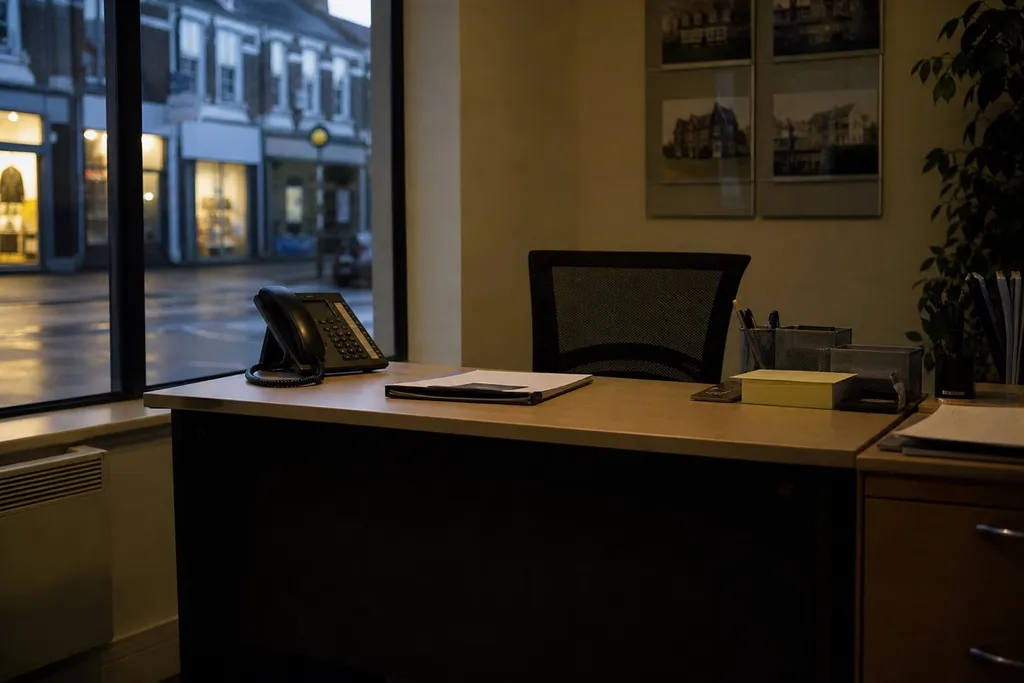 An empty real estate office reception desk with the phone unattended after closing