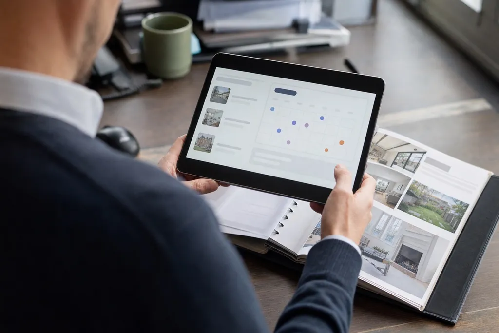A real estate agent checking a scheduling calendar and property list on a tablet at their desk