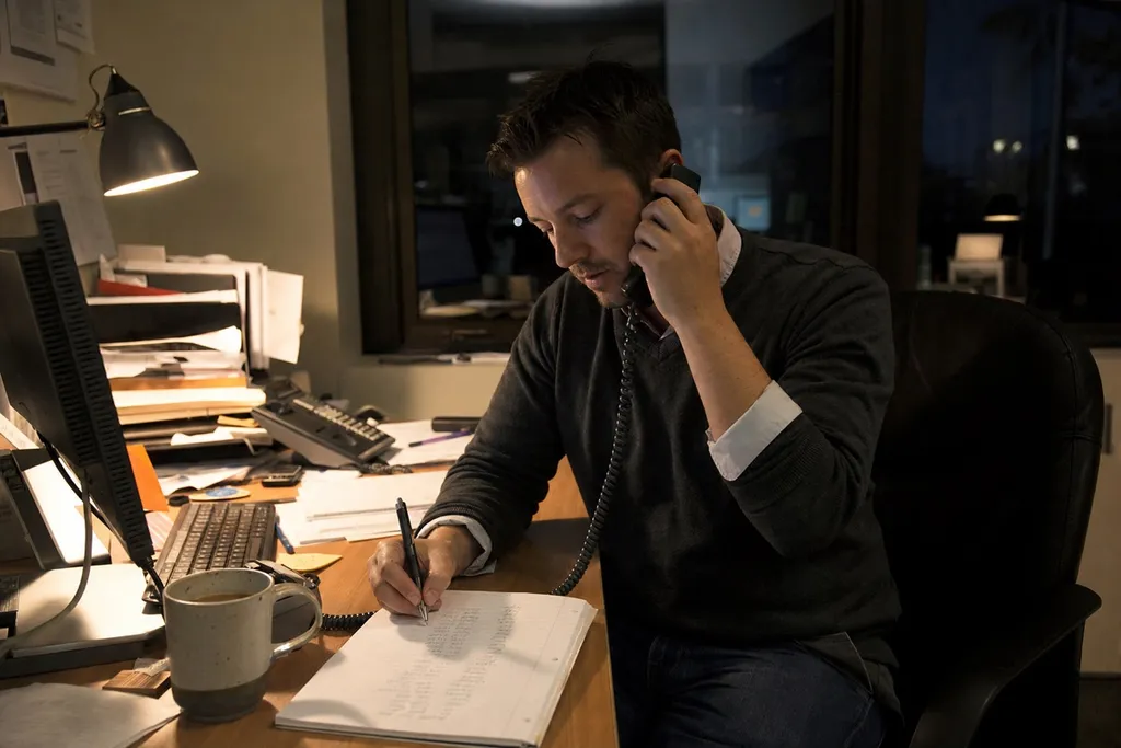 A real estate agent returning calls at their desk in the evening under a warm lamp
