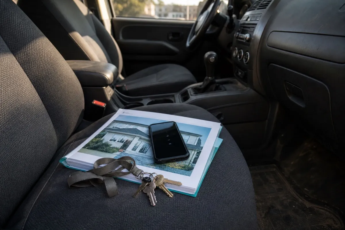 A cell phone showing missed calls resting on a folder of property details on a car passenger seat
