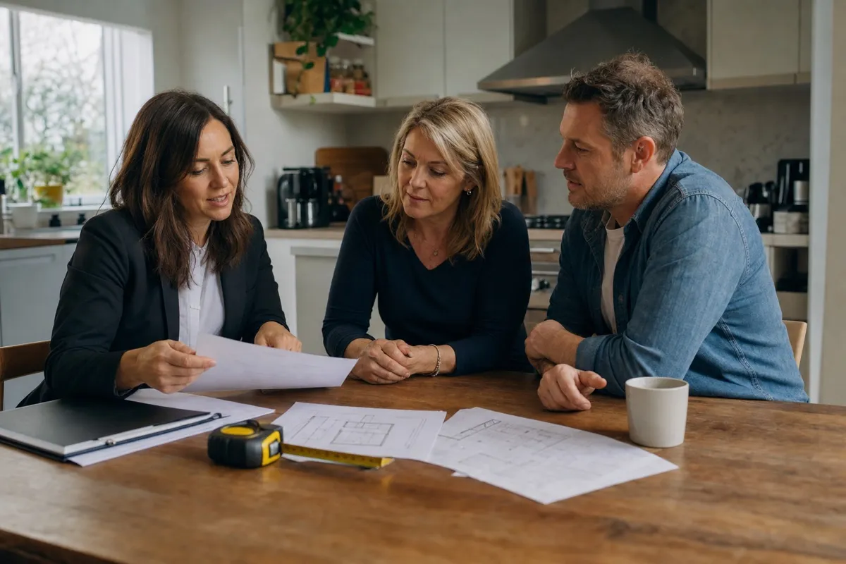 A real estate agent walking sellers through a comparative market analysis at their kitchen table