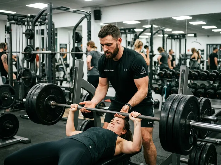 Personal trainer unable to answer phone while spotting a client at the gym