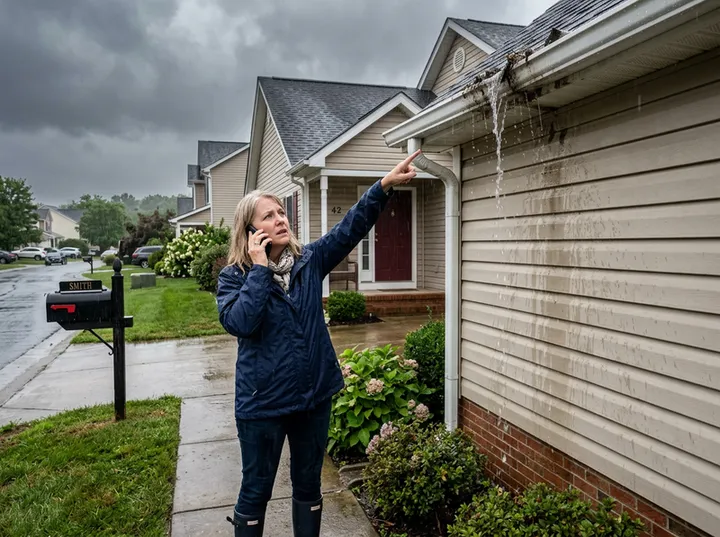 Homeowner urgently calling about overflowing clogged gutters