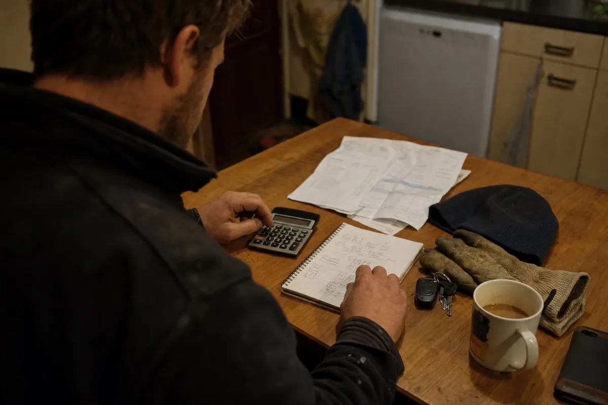 A heating engineer sits at a kitchen table in the evening working out job costs with a calculator, a notepad of figures and a couple of supplier invoices, his phone face-down beside a mug of tea.