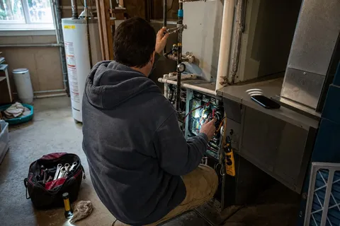 An HVAC engineer working on a wall-mounted boiler while a phone buzzes unanswered on the worktop beside the open tool bag.