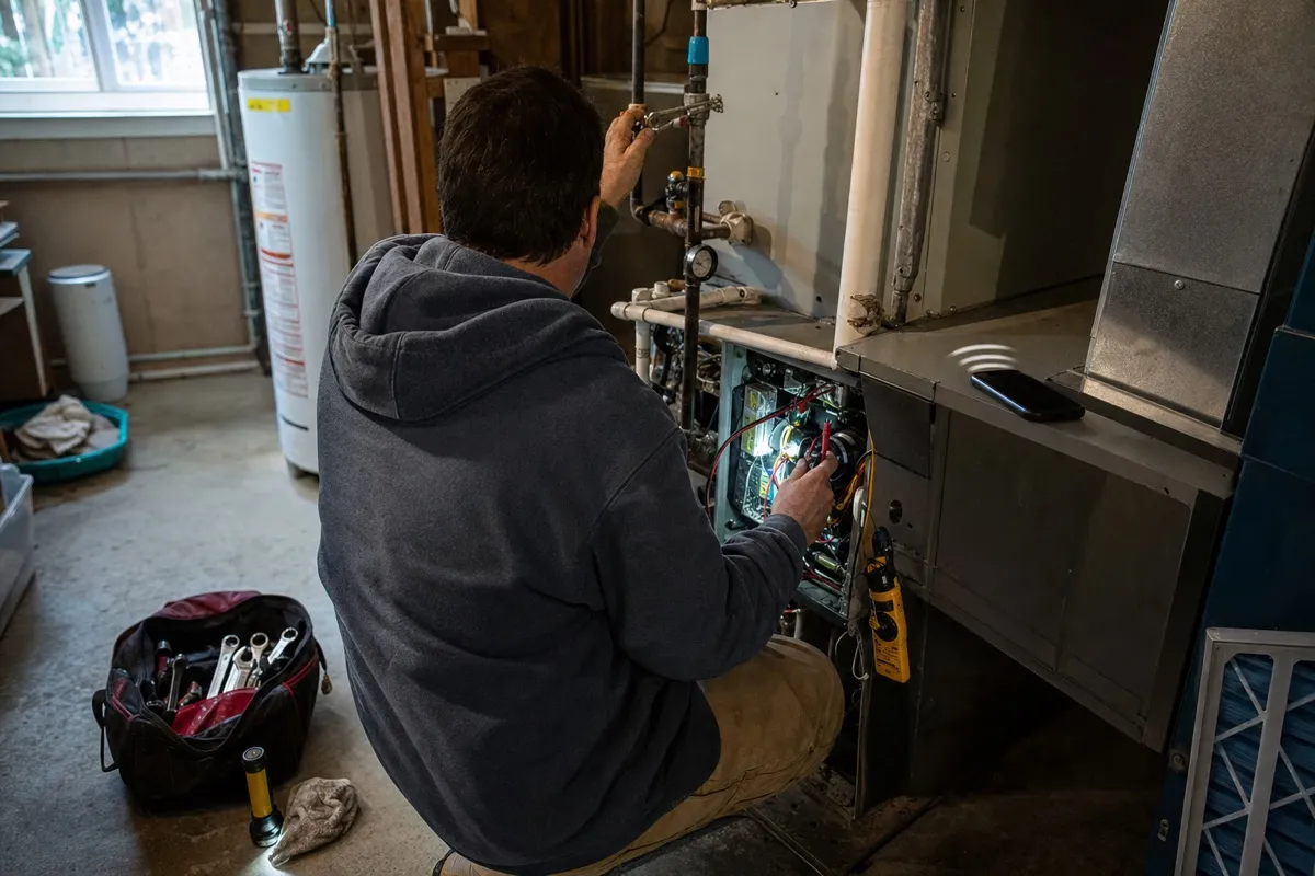 An HVAC engineer working on a wall-mounted boiler while a phone buzzes unanswered on the worktop beside the open tool bag.