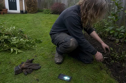 A landscaper kneeling by a garden border with soil-stained gloves, a work phone buzzing unanswered on the grass beside them.