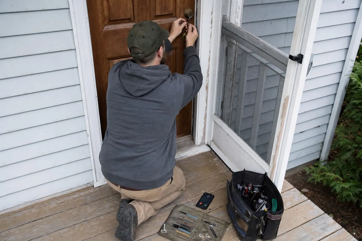 A one-van locksmith kneeling at a front door working on the lock while his phone rings unanswered on the step beside his tools