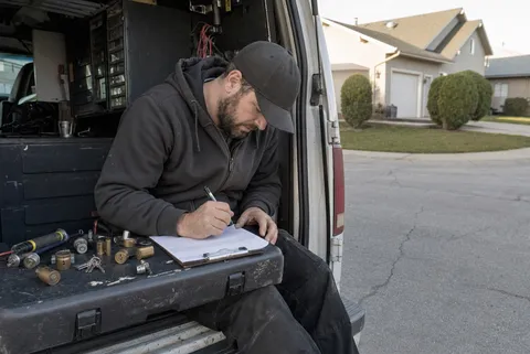 A locksmith working out a rate card on paperwork in the back of a branded service van