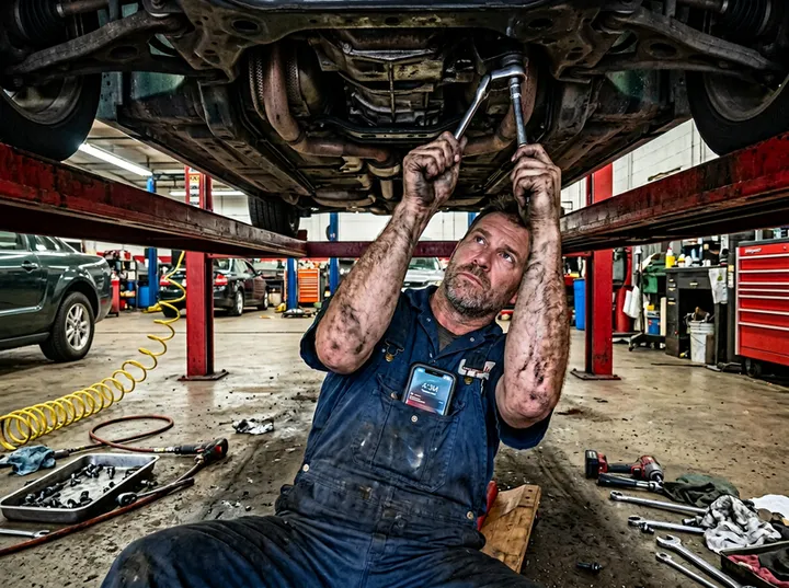 Mechanic working under car while AI handles incoming auto shop phone call