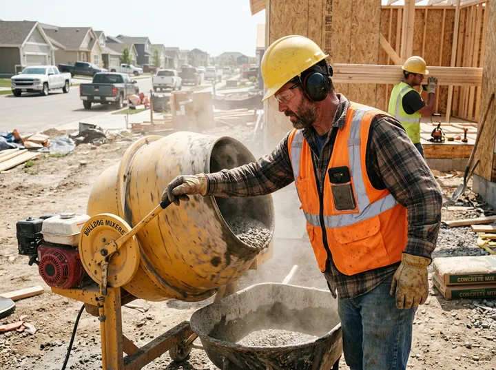 Contractor pouring concrete while AI handles incoming phone call
