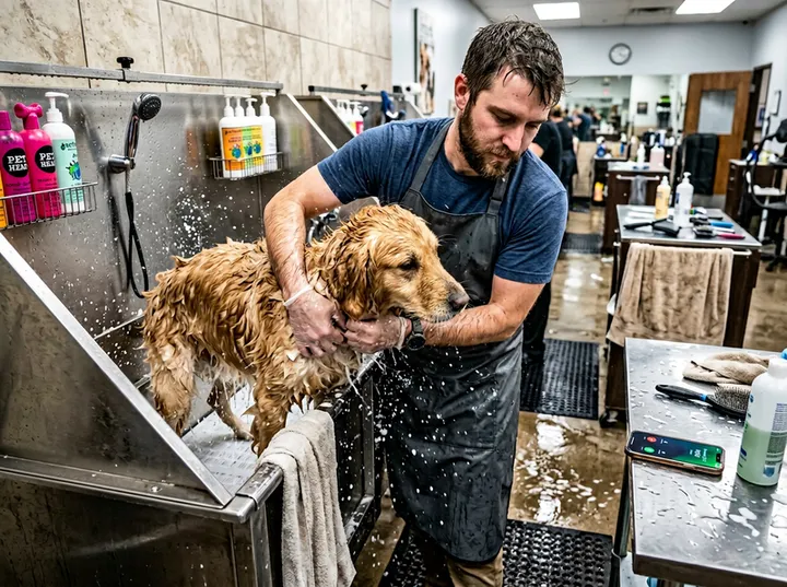 Pet groomer unable to answer phone while bathing a dog