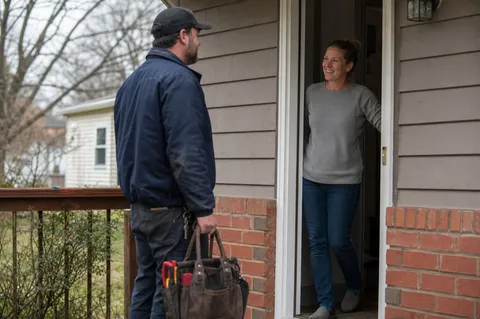 A plumber meeting a customer at the door of an American home in the early days of a new business