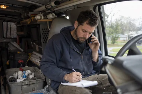 A plumber taking a customer call from the front of their work van