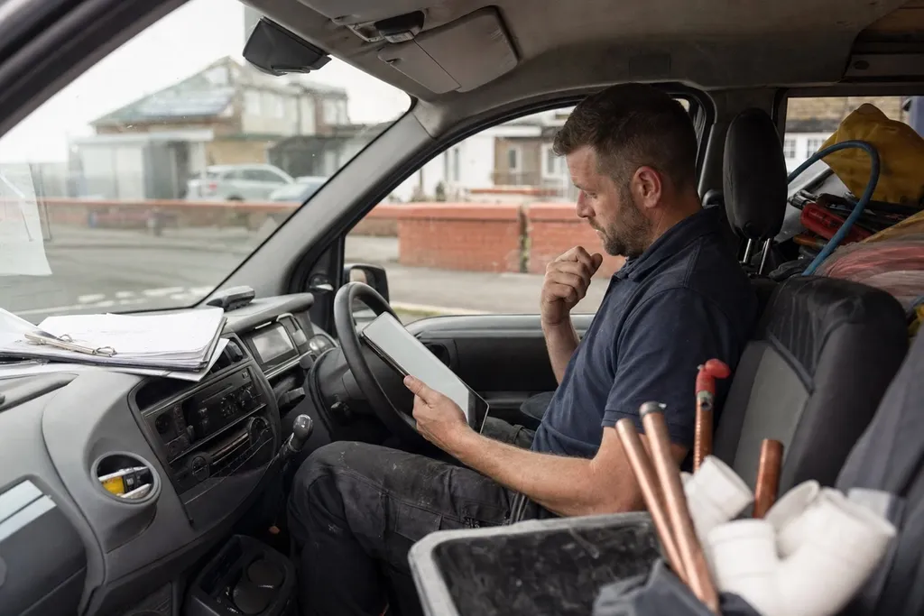 A plumber creating an invoice on a tablet at the kitchen table