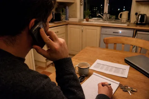 A property manager at a kitchen table in the evening, phone held to one ear, writing a triage note on a paper pad next to a printed contractor list during an after-hours tenant call.
