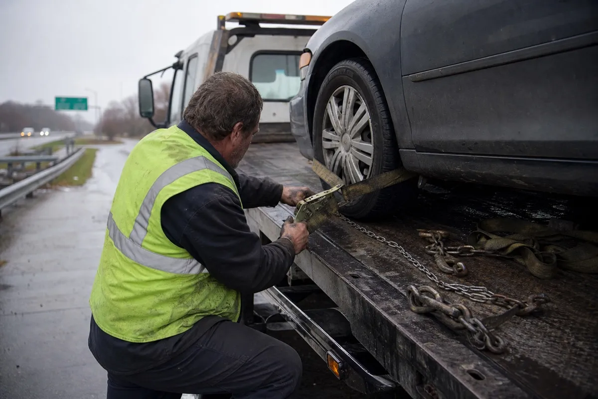 A recovery operator ratchets a strap over the front wheel of a broken-down car loaded on a flatbed tow truck at the roadside, the kind of contract towing work that keeps the truck busy.