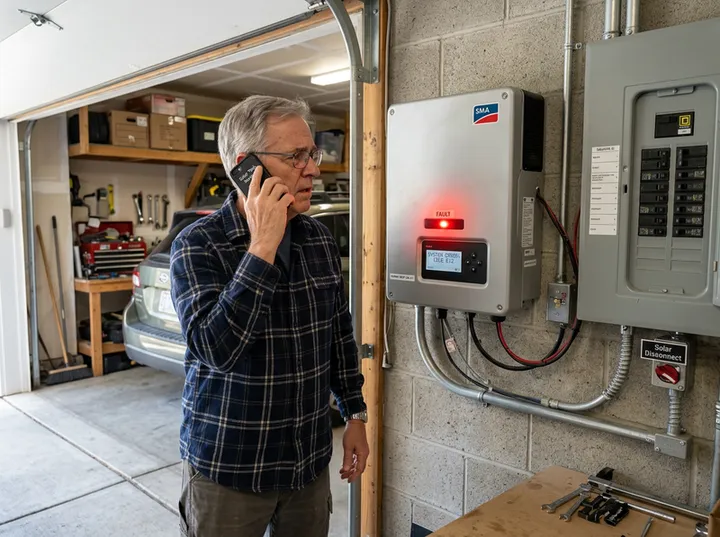 Homeowner reporting solar inverter fault requiring urgent repair