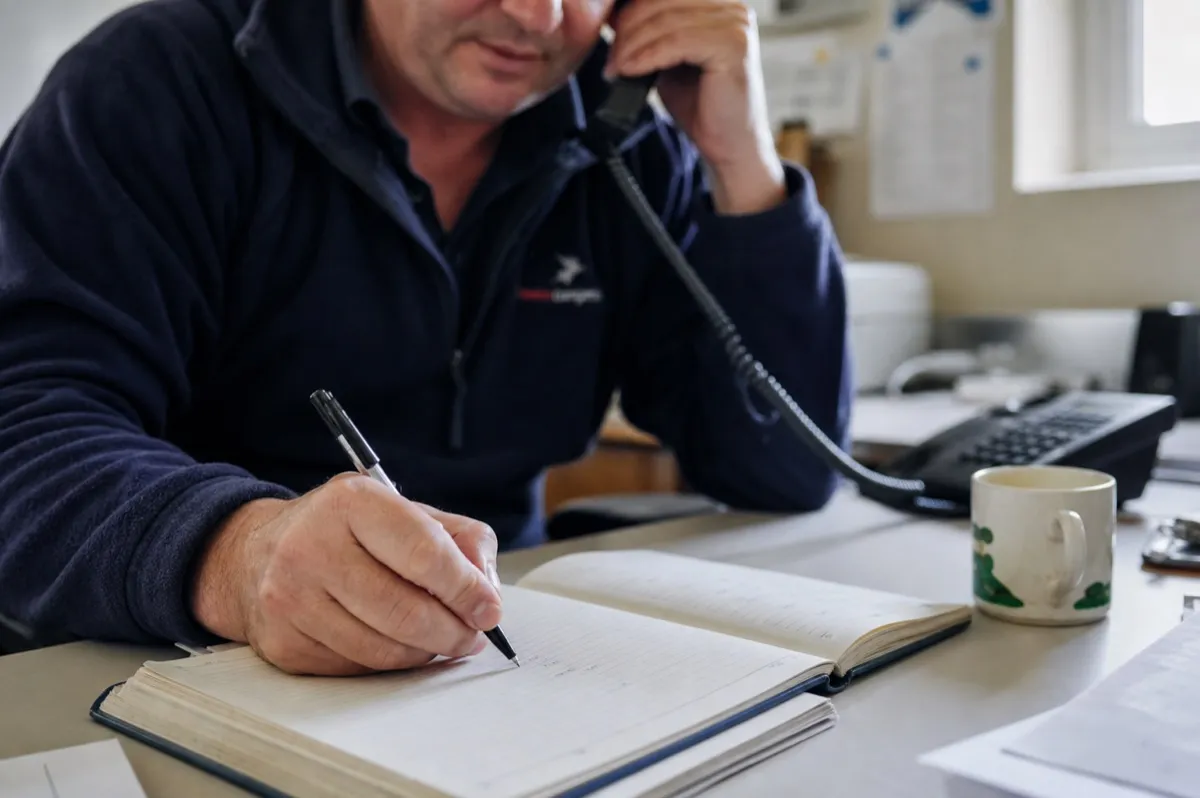 A small business worker taking a phone call and writing the customer details in a paper diary at a desk.
