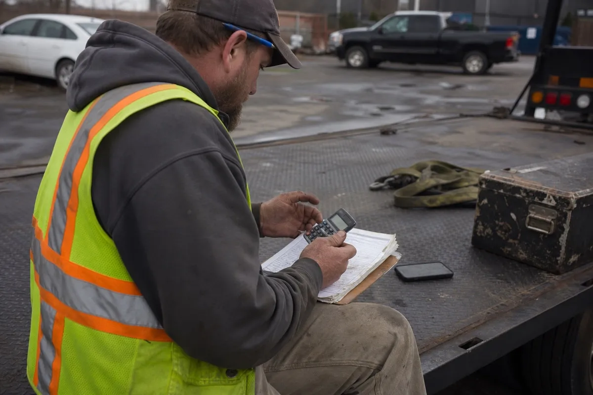 A recovery truck operator sits on the flatbed of his tow truck working out the day's takings on a clipboard with a calculator.